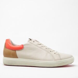 Ecco Beige Leather Sneakers with Tan Heel and Coral Accent